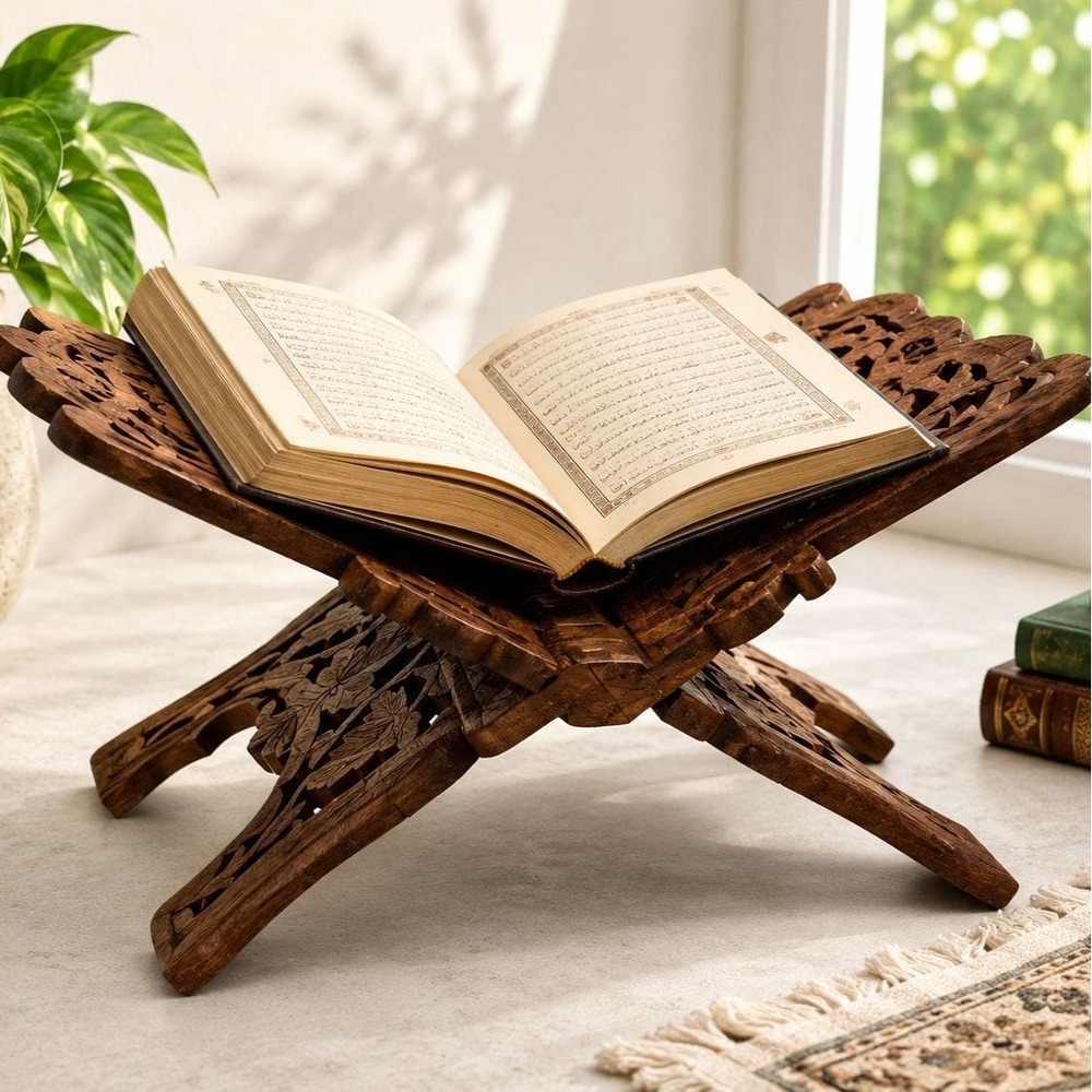 Hand Carved Wood Book Stand Quran Bible Religious Text 15in Foldable Rustic